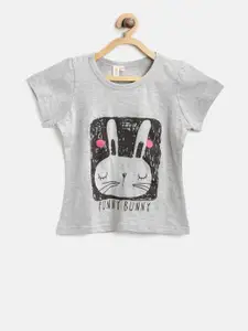 Kids On Board Girls Grey Melange Printed Round Neck T-shirt