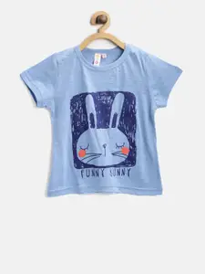 Kids On Board Girls Blue Printed Round Neck Pure Cotton T-shirt