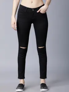 Tokyo Talkies Women Black Skinny Fit Mid-Rise Slash Knee Stretchable Jeans