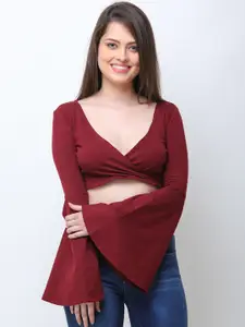Cation Women Maroon Solid Wrap Pure Cotton Top