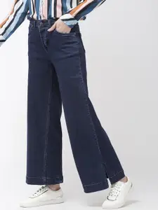 Mast & Harbour Women Blue Regular Fit Mid-Rise Wide Leg Clean Look Stretchable Jeans