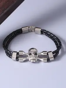 Dare by Voylla Men Silver-Toned & Black Leather Silver-Plated Handcrafted Wraparound Bracelet