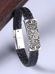 Dare by Voylla Men Black & Silver-Plated Leather Handcrafted Wraparound Bracelet