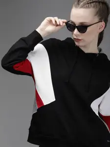 The Roadster Lifestyle Co Women Black & White Colourblocked Hooded Sweatshirt