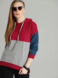 The Roadster Lifestyle Co Women Grey & Red Colourblocked Hooded Sweatshirt