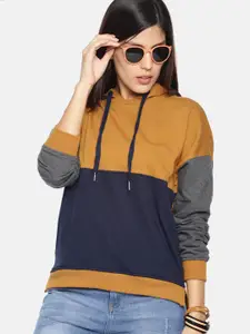 The Roadster Lifestyle Co Women Mustard Yellow & Navy Blue Colourblocked Hooded Sweatshirt