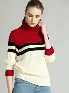 The Roadster Lifestyle Co Women Cream-Coloured & Red Colourblocked Sweater