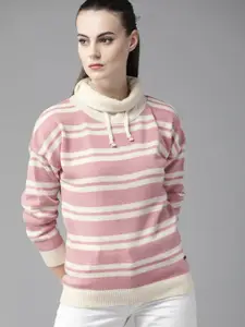 The Roadster Lifestyle Co Women Pink  Off White Striped Sweater