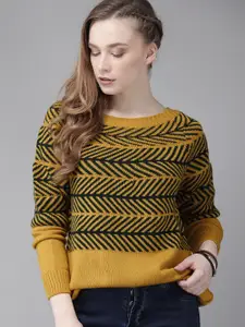 The Roadster Lifestyle Co Women Mustard Yellow & Teal Green Self Design Pullover Sweater