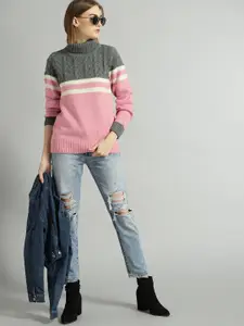 The Roadster Lifestyle Co Women Pink & Charcoal Grey Colourblocked Sweater