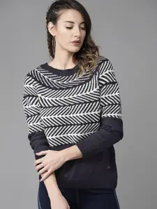 The Roadster Lifestyle Co Women Navy Blue & Off-White Self Design Sweater
