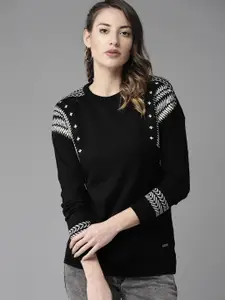 The Roadster Lifestyle Co Women Black & White Solid Sweater