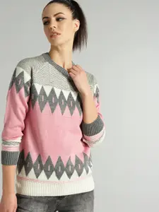 The Roadster Lifestyle Co Women Pink & Grey Self Design Sweater
