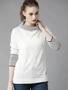 The Roadster Lifestyle Co Women Off-White Solid Pullover Sweater