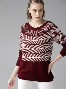 The Roadster Lifestyle Co Women Maroon & Off-White Self-Design Sweater