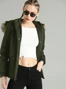 The Roadster Lifestyle Co Women Olive Green Solid Parka Jacket with Detachable Hood