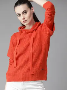 The Roadster Lifestyle Co Women Orange Ribbed Hooded Sweater