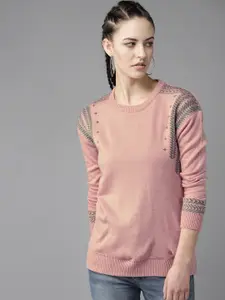 The Roadster Lifestyle Co Women Pink & Grey Solid Sweater