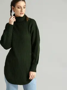 The Roadster Lifestyle Co Women Olive Green Ribbed Pullover