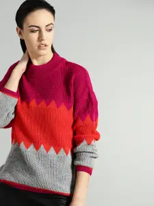 The Roadster Lifestyle Co Women Pink & Orange Colourblocked Sweater