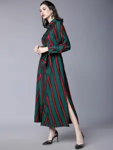 Tokyo Talkies Women Green Striped Shirt Dress