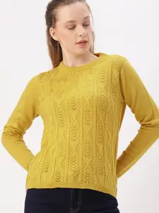 DressBerry Women Mustard Yellow Self Design Acrylic Sweater
