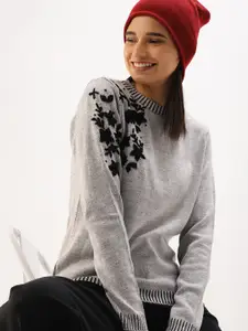 DressBerry Women Grey & Black Self Design Sweater