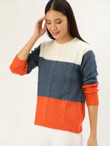 DressBerry Women Blue & Off-White Colourblocked Cable Knit Pullover Sweater