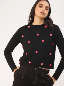DressBerry Women Black Solid Pom Pom Detail Sweater