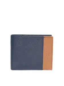 U.S. Polo Assn. Men Navy Blue & Tan Brown Colourblocked Leather Two Fold Wallet