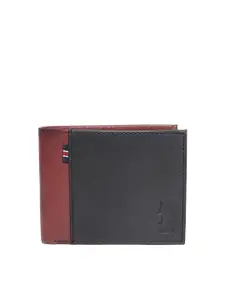 U.S. Polo Assn. Men Black & Burgundy Leather Colourblocked Two Fold Wallet