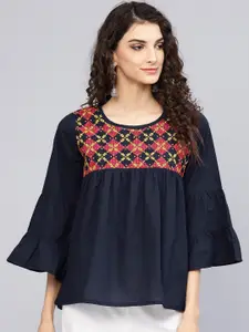 Bhama Couture Women Navy Blue Embroidered A-Line Top