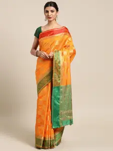 Saree mall Orange & Gold-Toned Silk Blend Woven Design Banarasi Saree