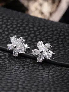 Carlton London Silver-Toned Rhodium-Plated CZ Studded Floral Studs
