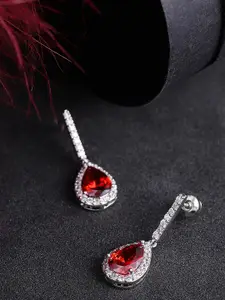 Carlton London Silver-Toned & Red Rhodium-Plated Teardrop Shaped CZ Studded Drop Earrings