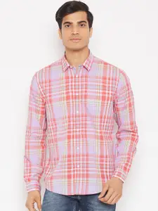 Blackberrys Men Coral Pink & Purple Slim Fit Checked Casual Shirt
