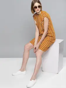 Marie Claire Women Mustard Brown & Off-White Striped A-Line Dress