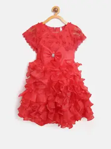 StyleStone Girls Red Solid Tiered Fit and Flare Dress