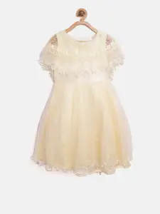 StyleStone Girls Cream-Coloured Embroidered Fit and Flare Dress