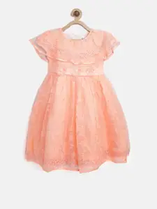 StyleStone Girls Peach-Coloured Embroidered Fit and Flare Dress