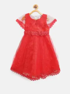 StyleStone Girls Red Embroidered Fit and Flare Dress