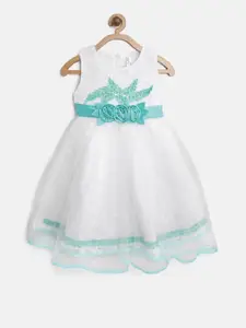 StyleStone Girls White & Sea Green Embroidered Fit and Flare Dress
