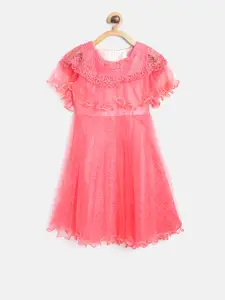 StyleStone Girls Coral Pink Embroidered Fit and Flare Dress