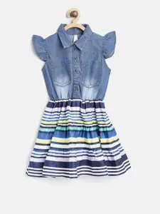 StyleStone Girls Blue & White Striped Fit and Flare Dress