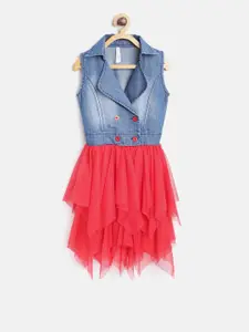StyleStone Girls Blue & Red Solid Fit and Flare Dress