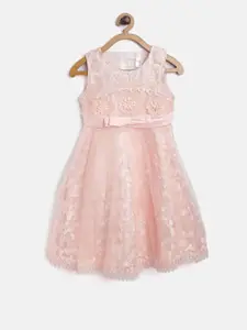 StyleStone Girls Peach-Coloured Embroidered Fit and Flare Dress