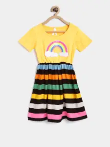 StyleStone Girls Yellow & Black Striped Fit and Flare Dress