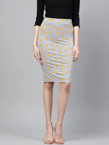 SASSAFRAS Women Grey & Mustard Yellow Polka Dot Print Pencil Skirt