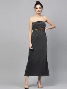 SASSAFRAS Women Charcoal Grey Chambray Solid Strapless Maxi Dress