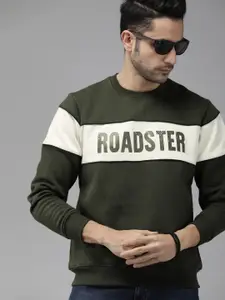 The Roadster Lifestyle Co Men Olive Green & Off White Colourblocked Brand Carrier Solid Sweatshirt